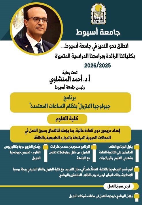 كلية العلوم بجامعة أسيوط تُعلن عن طرح برنامج «جيولوجيا البترول» للعام الجامعي 2025/2026
