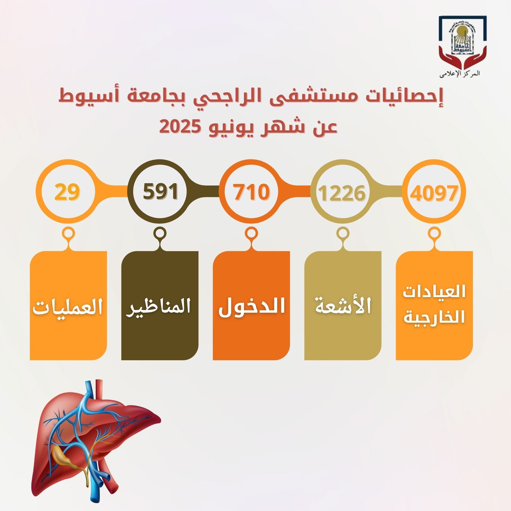 مستشفى الراجحي للكبد بجامعة أسيوط يستقبل (4097) متردداً بالعيادات الخارجية خلال شهر يونيو الماضي