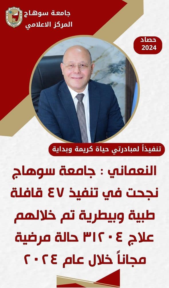 النعماني: جامعة سوهاج نجحت فى تنفيذ ٤٧ قافلة طبية وبيطرية عالجت ٣١٢٠٤ حالة مرضية خلال عام ٢٠٢٤