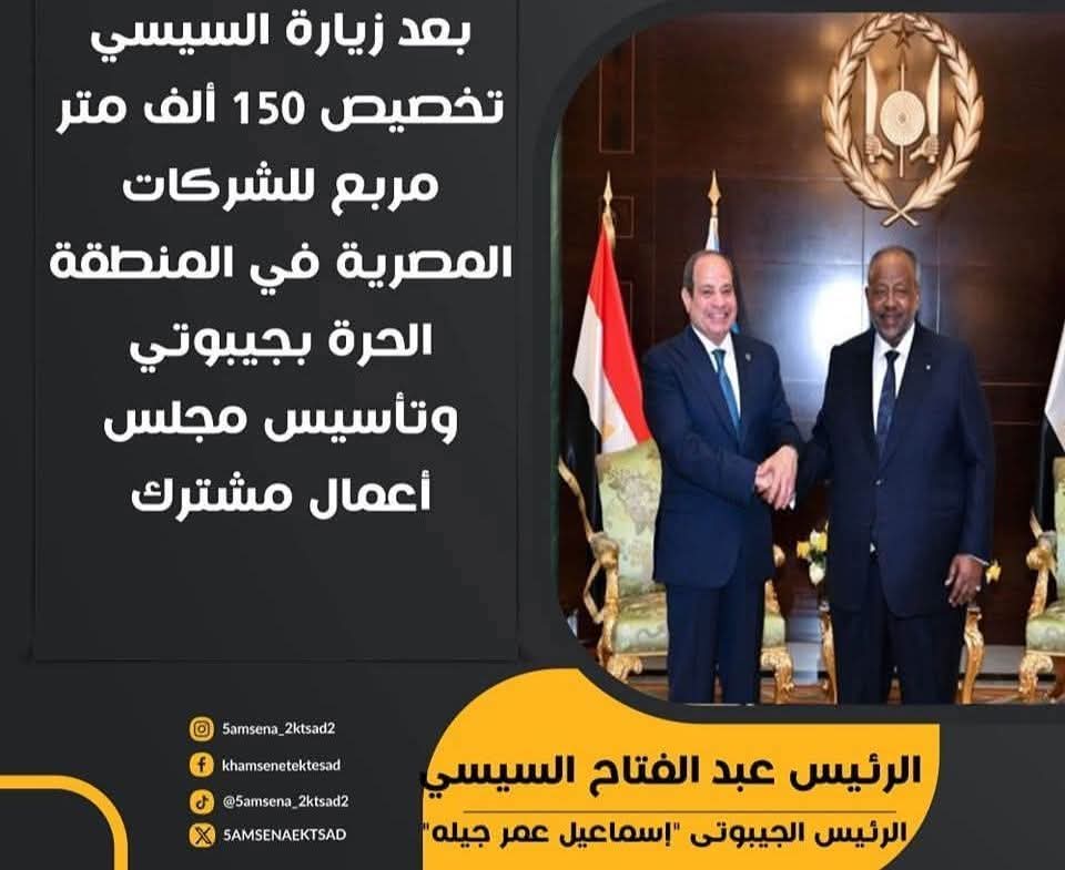 بعد زيارة السيسي تخصيص 150 ألف متر مربع للشركات المصرية فى المنطقة الحرة بجيبوتي وتأسيس مجلس أعمال مشترك