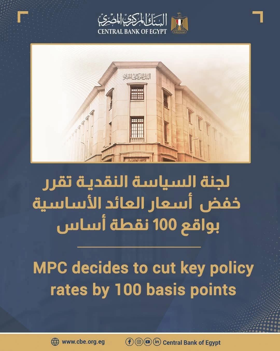 البنك المركزي المصري يخفض أسعار الفائدة 100 نقطة أساس لمواجهة التضخم  
