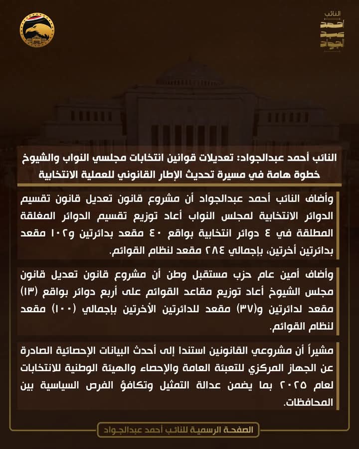 النائب أحمد عبدالجواد: تعديلات قوانين انتخابات مجلسي النواب والشيوخ