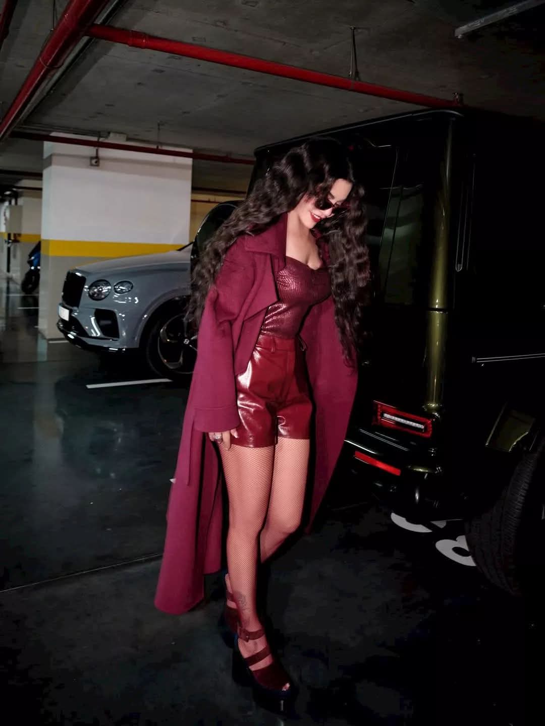 هيفاء وهبي تتألق بإطلالة أنيقة باللون العنابي