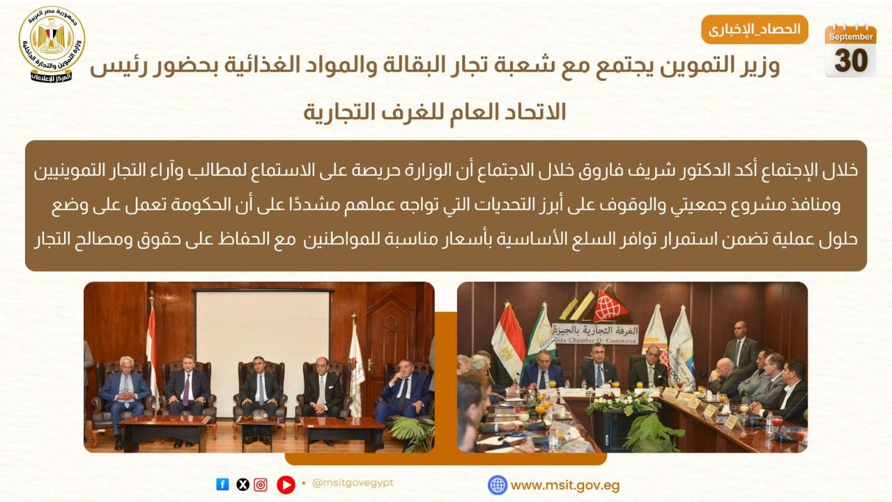 الموجز الأسبوعي لوزارة التموين والتجارة الداخلية الفترة من 26 إلي 30 سبتمبر 2025م