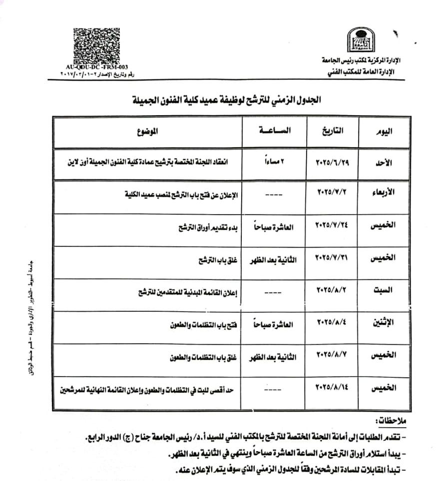 جامعة أسيوط تُعلن فتح باب الترشح لمنصب عميد كلية الفنون الجميلة والجدول الزمني للإجراءات